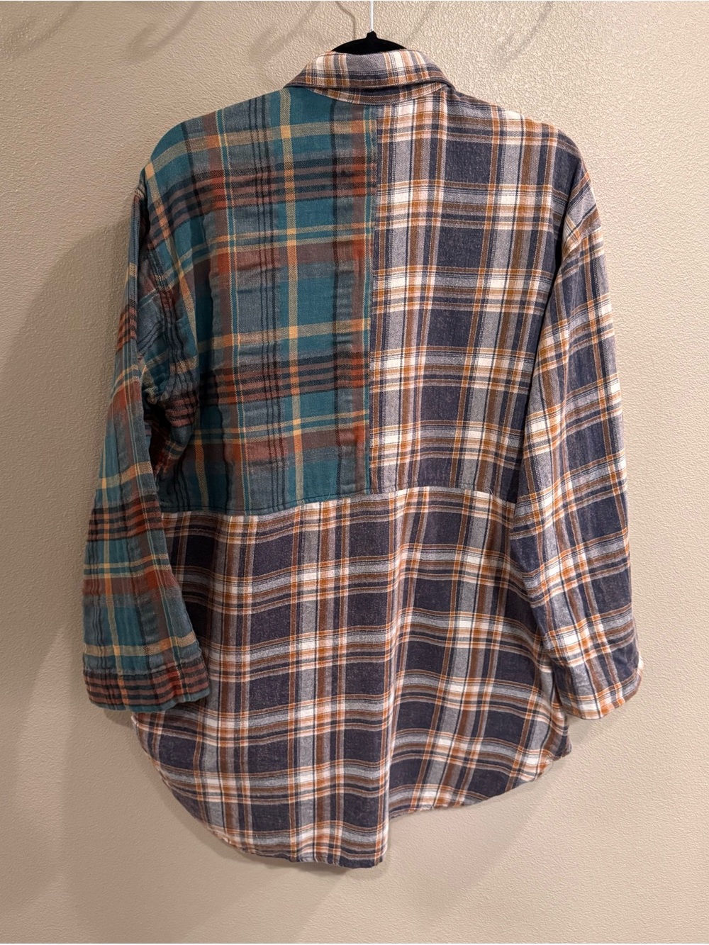Angie Patchwork Plaid Button-Down Shirt Jacket - Teal & Brown & Cream - Picture 2 of 9